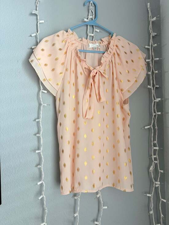 Shannon Ford New York Tops - Shannon Ford New York Petite Gold Polka Dot Tie-Neck Blouse, Size PM
